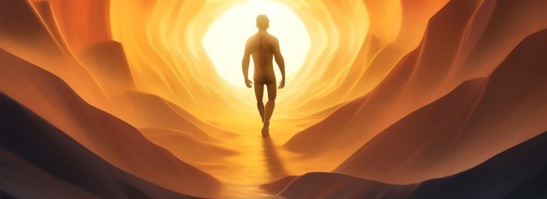 Man walking into light tunnel